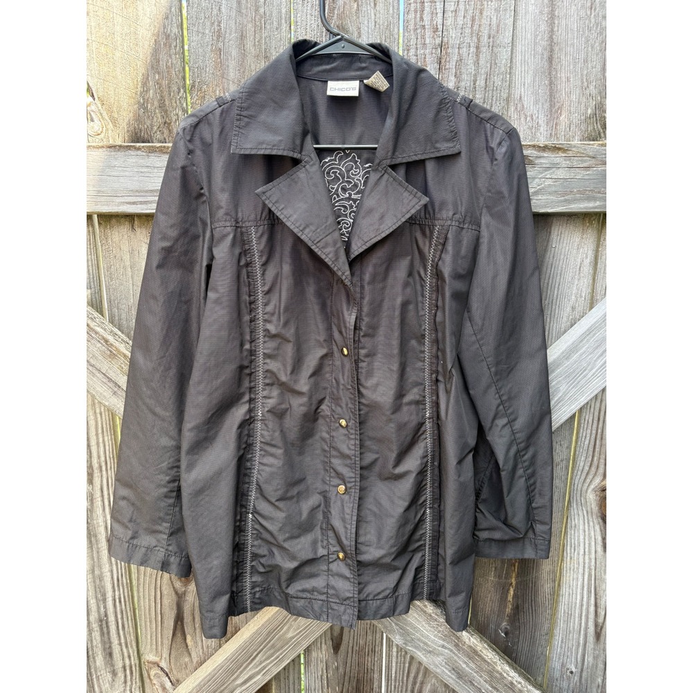 Chicos Black Pinstripe Embroidered Button Front Jacket Size 2 Large Womens